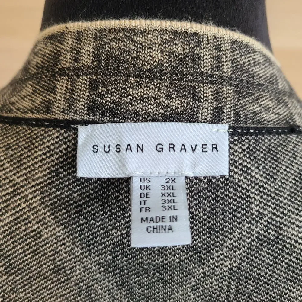 Susan Graver Cardigan Womens 2X Black White Diamond Geometric Knit Monochrome - Picture 6 of 11